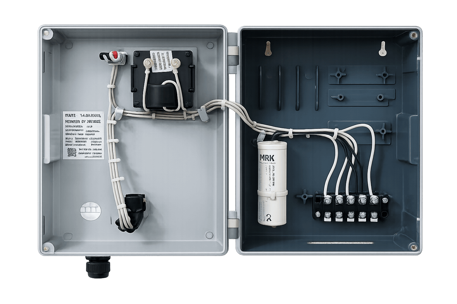 MRK capacitor and terminal block inside an open starter panel